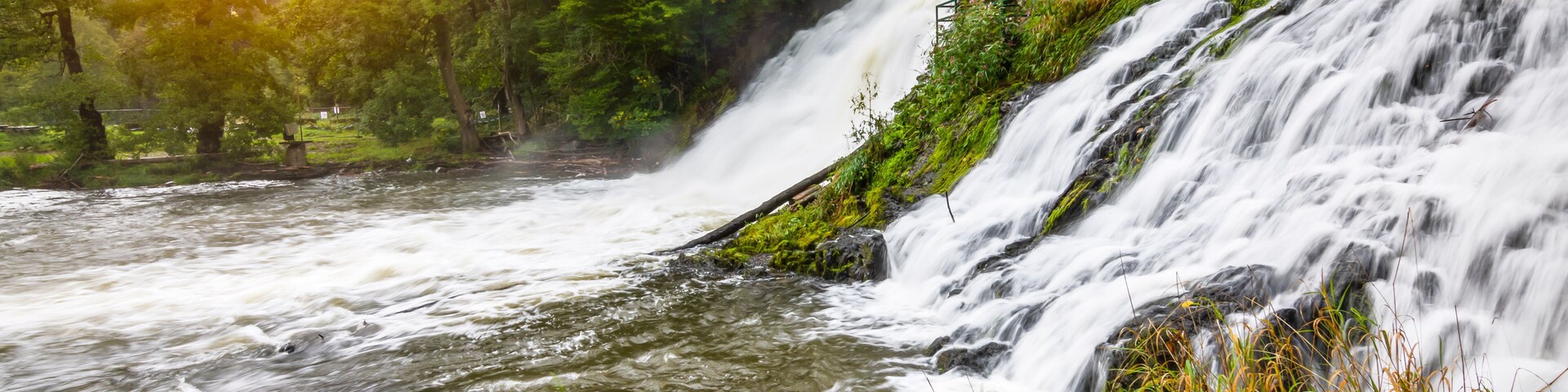 A waterfall cascading over rocks, surrounded by lush greenery and a forested area.
