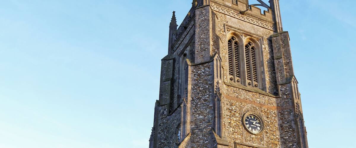 The north-east of the Church of St John the Baptist from the churchyard at Thaxted, Essex, England. Software: JPEG file optimized and/or cropped and/or spun with DxO OpticsPro 10 Elite and Adobe Photoshop CS2.