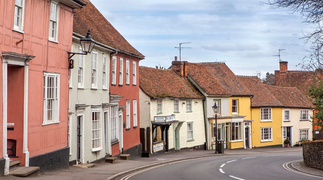 Dunmow, Thaxted, Essex, UK , Great Dunmow is an ancient market town in north-west Essex. Traditional English old street with two-story colorful cottages and tiled roofs