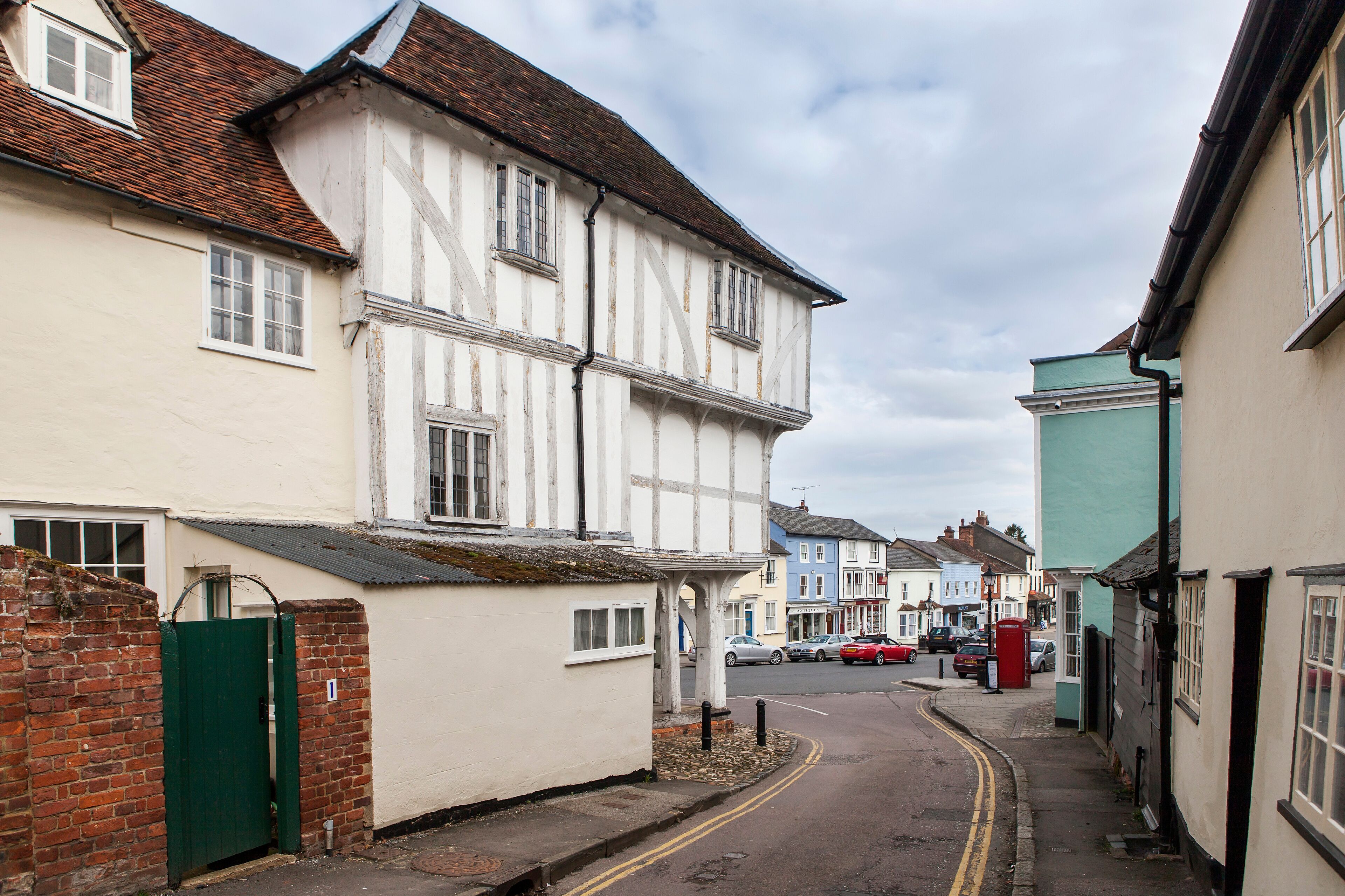 Dunmow, Thaxted, Essex, UK , Great Dunmow is an ancient market town in north-west Essex with an estimated population. Medieval Guildhall front view