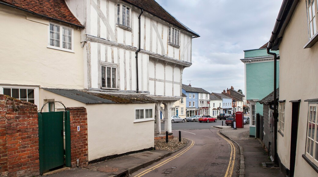 Dunmow, Thaxted, Essex, UK , Great Dunmow is an ancient market town in north-west Essex with an estimated population. Medieval Guildhall front view