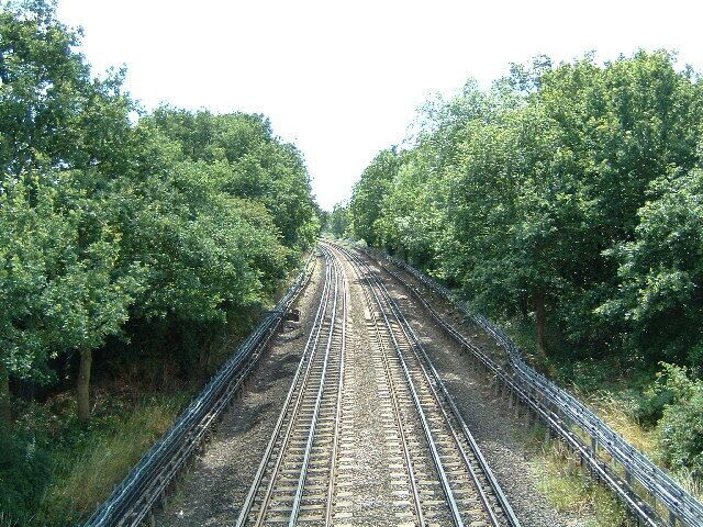 The Central Line looking south towards Buckhurst Hill. Halfway up the right side of the grid square. Taken from the footbridge over the Central Line (where it runs above ground), this was the worst part of my walk along section 19 of the London Loop, the bridge was grey, caged in overhead and covered with graffiti. Just as well I had a small lens as I had to poke it through the mesh.