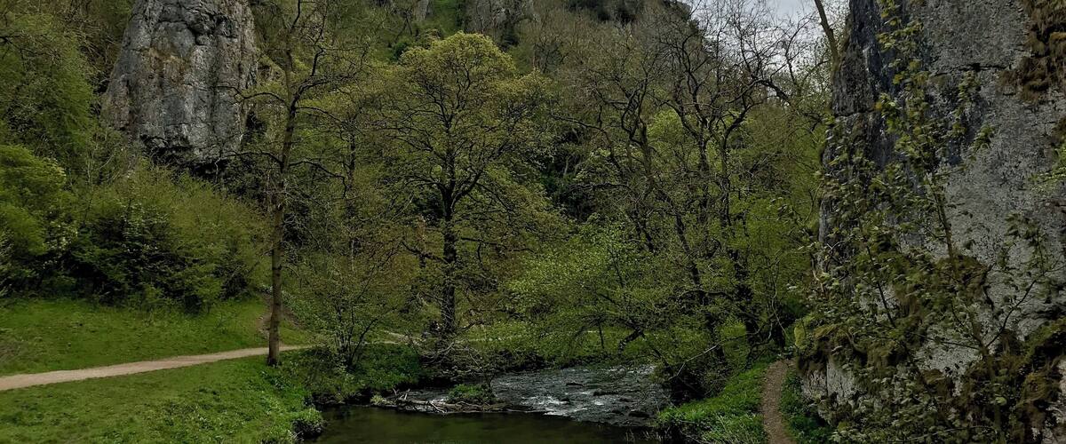 A river flowing through a valley with rocky cliffs and trees.