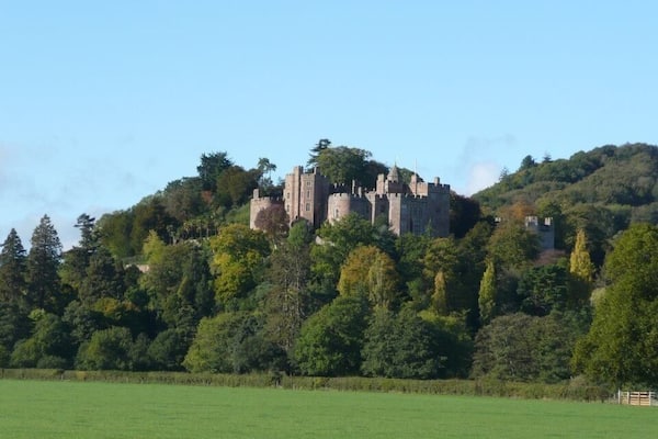 This is Dunster Castle, near Minehead in North Somerset. This is the view you get as you approach, and I just think it's such a beautiful sight, rising up out of the trees. There's an ancient castle, plus a more modern (as in 17th century modern) Manor House. The last residents gave it to the National Trust to look after. Dunster Village is also very pretty and worth a little wander through.