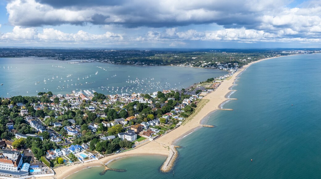 amazing aerial panorama view of Sandbanks Beach and Cubs Beach in Bournemouth, Poole and Dorset, England.