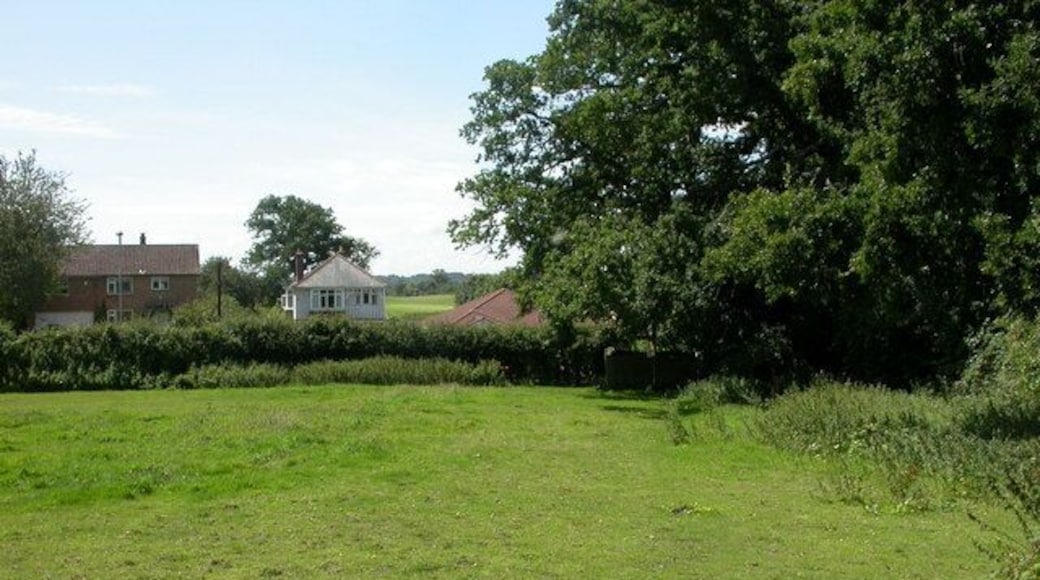 West Parley, footpath. The Southern end of a path from Christchurch Road to 1422064. On the other side of Christchurch Road, Dudsbury Golf Club.