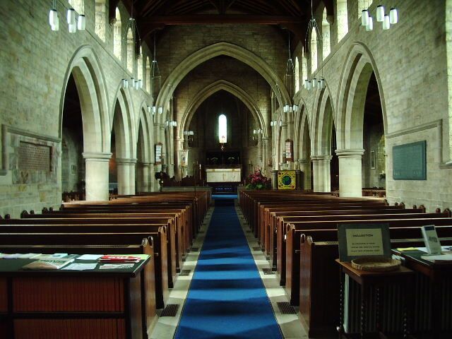 Inside the parish church of St John the Baptist, Flookburgh, Cumbria, looking east to the chancel arch