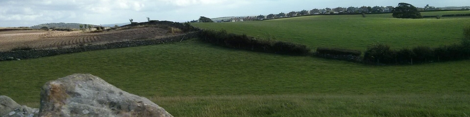 A rural landscape with green fields, stone walls, and a distant village.