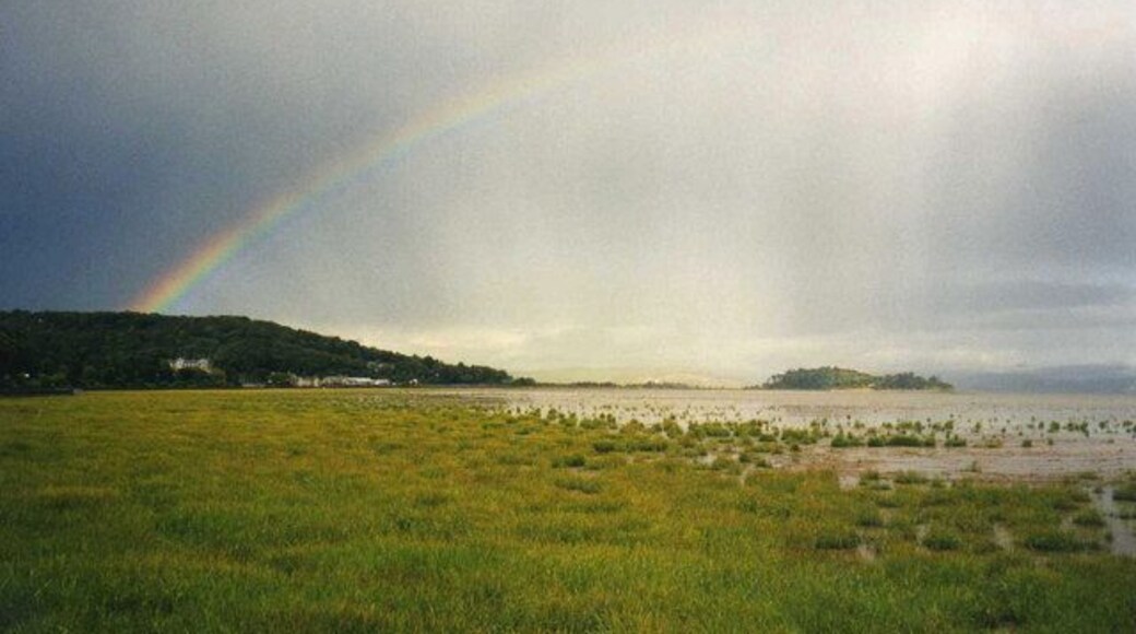 Rainbow at Grange-Over-Sands 1 View northeast over the saltmarsh. Grange to the left and Holme Island to the right.