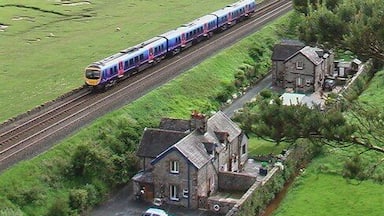 A train on tracks near a beach with a house and greenery.
