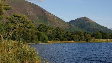 A lake surrounded by mountains and dense forest.