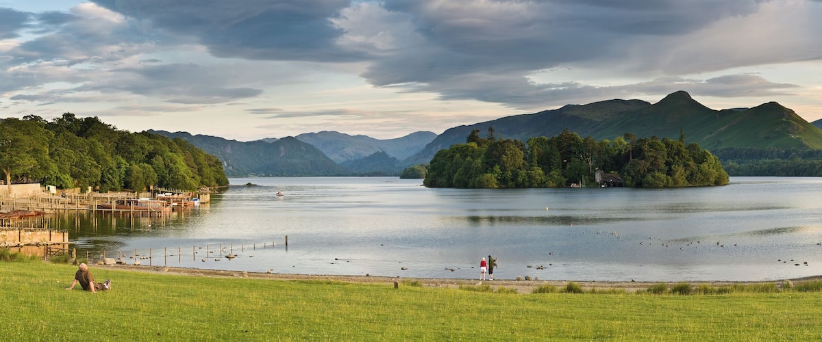 A wide 12 segment panoramic view of Derwent Water as viewed from the northern shore of Keswick.