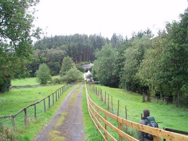 Track and footpath to Thornthwaite This photograph was taken from the minor road at Chapelbeck Bridge looking in a westerly direction towards Thornthwaite Forest. The public footpath lies just to the right of the track. Chapel Beck runs parallel with the track within the trees shown on the right-hand side of the picture.