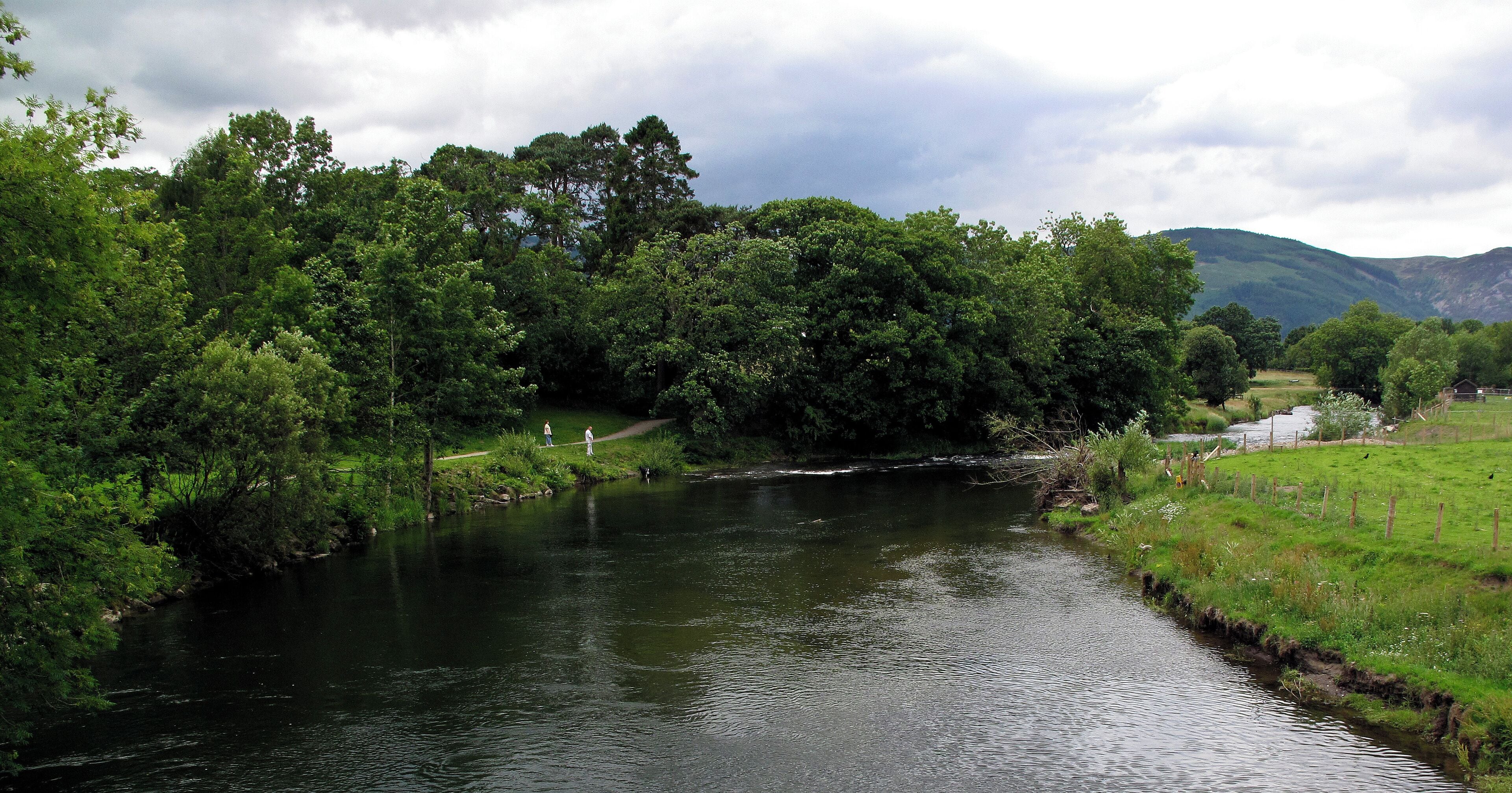 A river flowing through a lush green landscape with dense trees and a distant mountain range.
