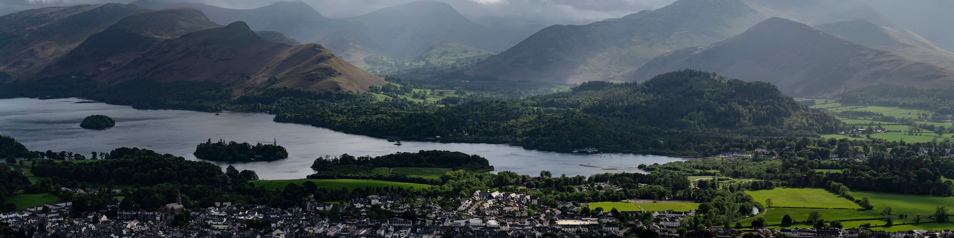 A mountainous landscape with a lake, a town, and a forested area.
