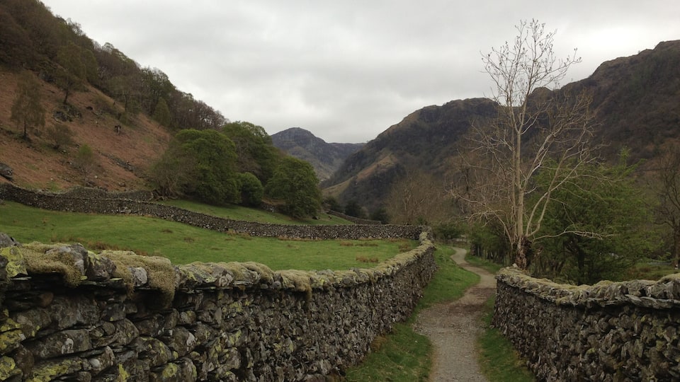 A stone wall path in a valley with mountains in the background.