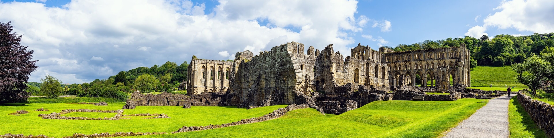 Ruinas de un castillo histórico rodeado de exuberantes campos verdes y un cielo azul despejado.
