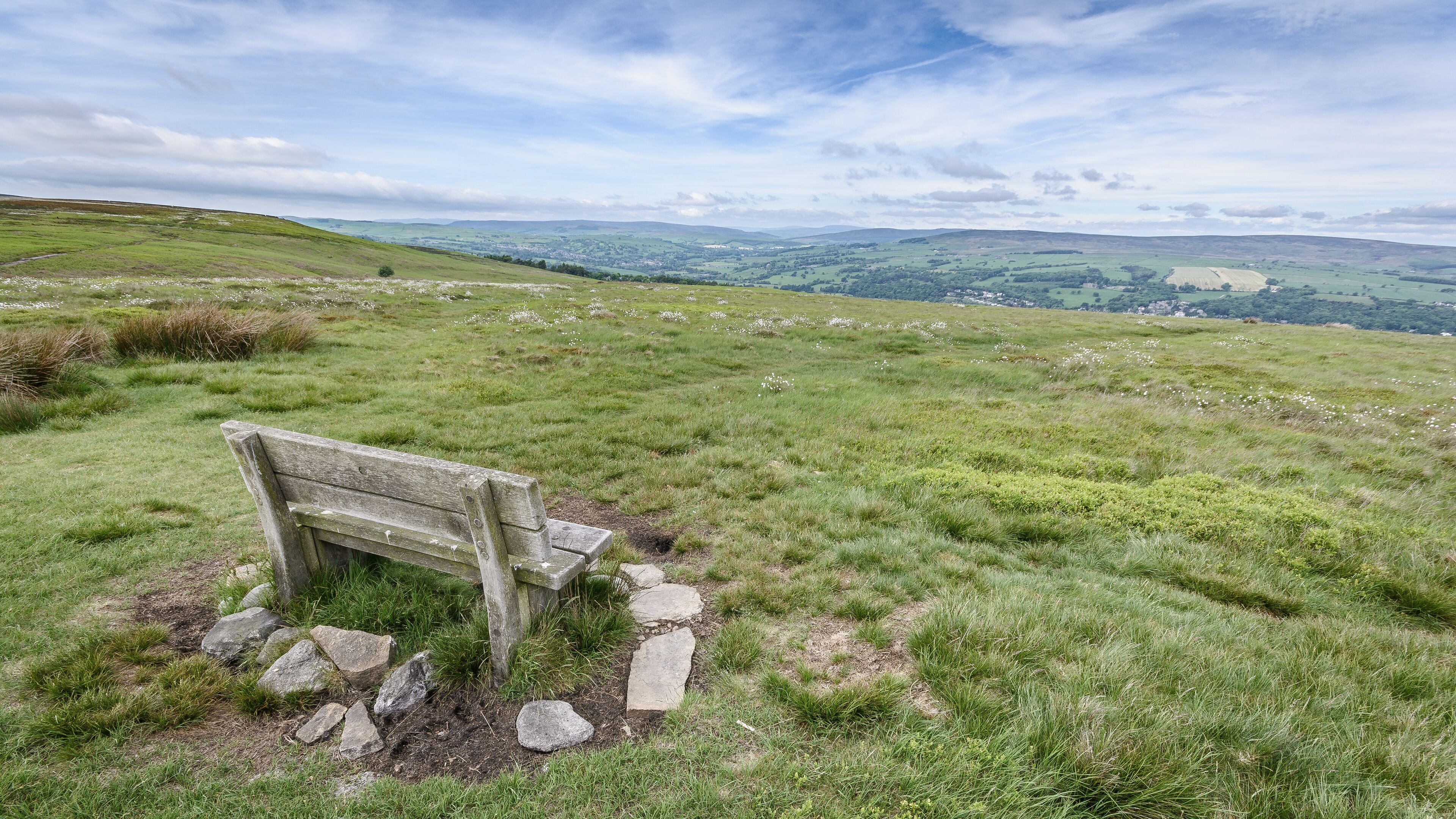 Landscape of Ilkley Moor, Yorkshire Dales, England UK. Ilkley Town can be seen to the right & Addingham village to the left.