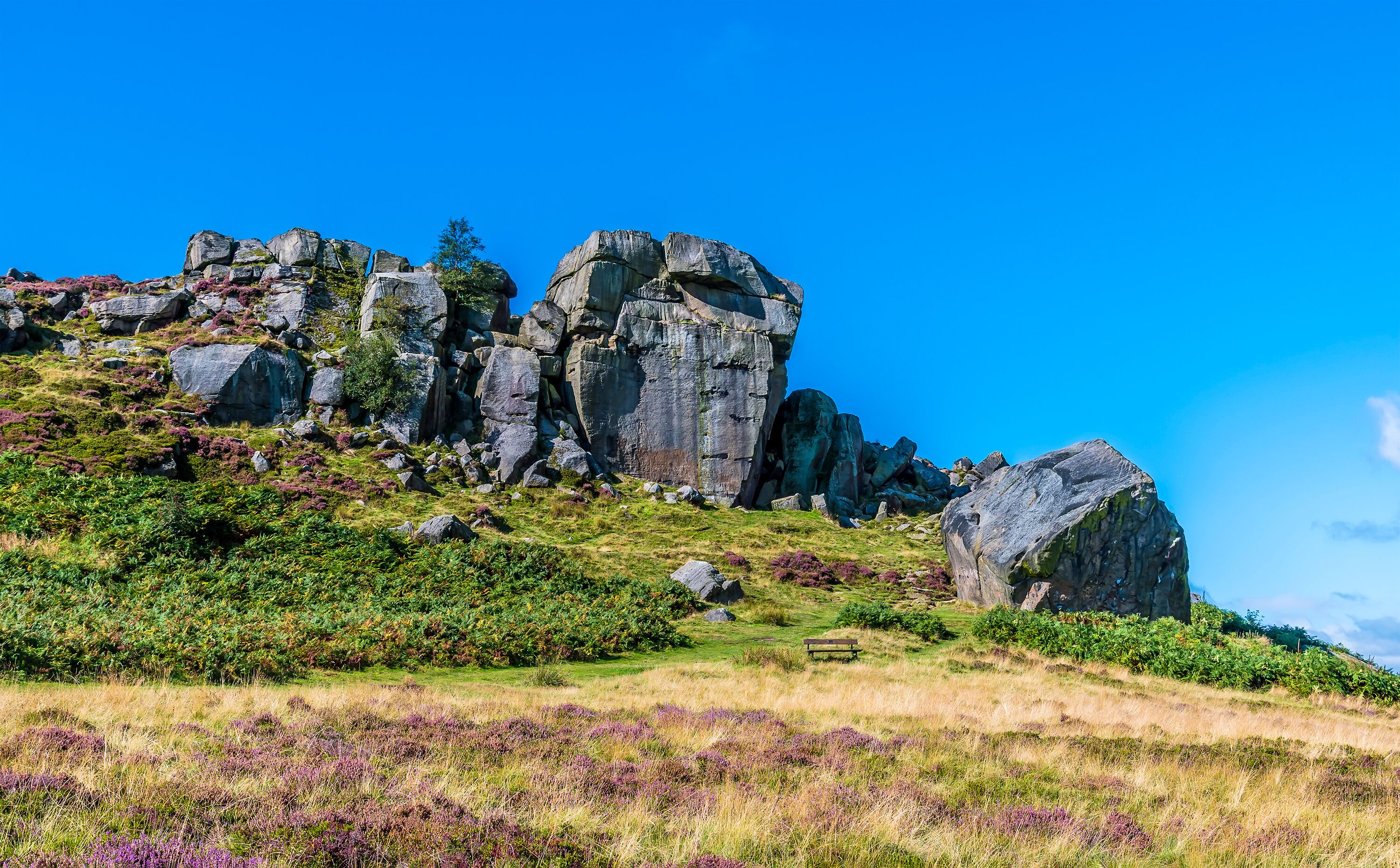 A view towards the Cow and Calf rocks on Ilkley moor above the town of Ilkley Yorkshire, UK in summertime