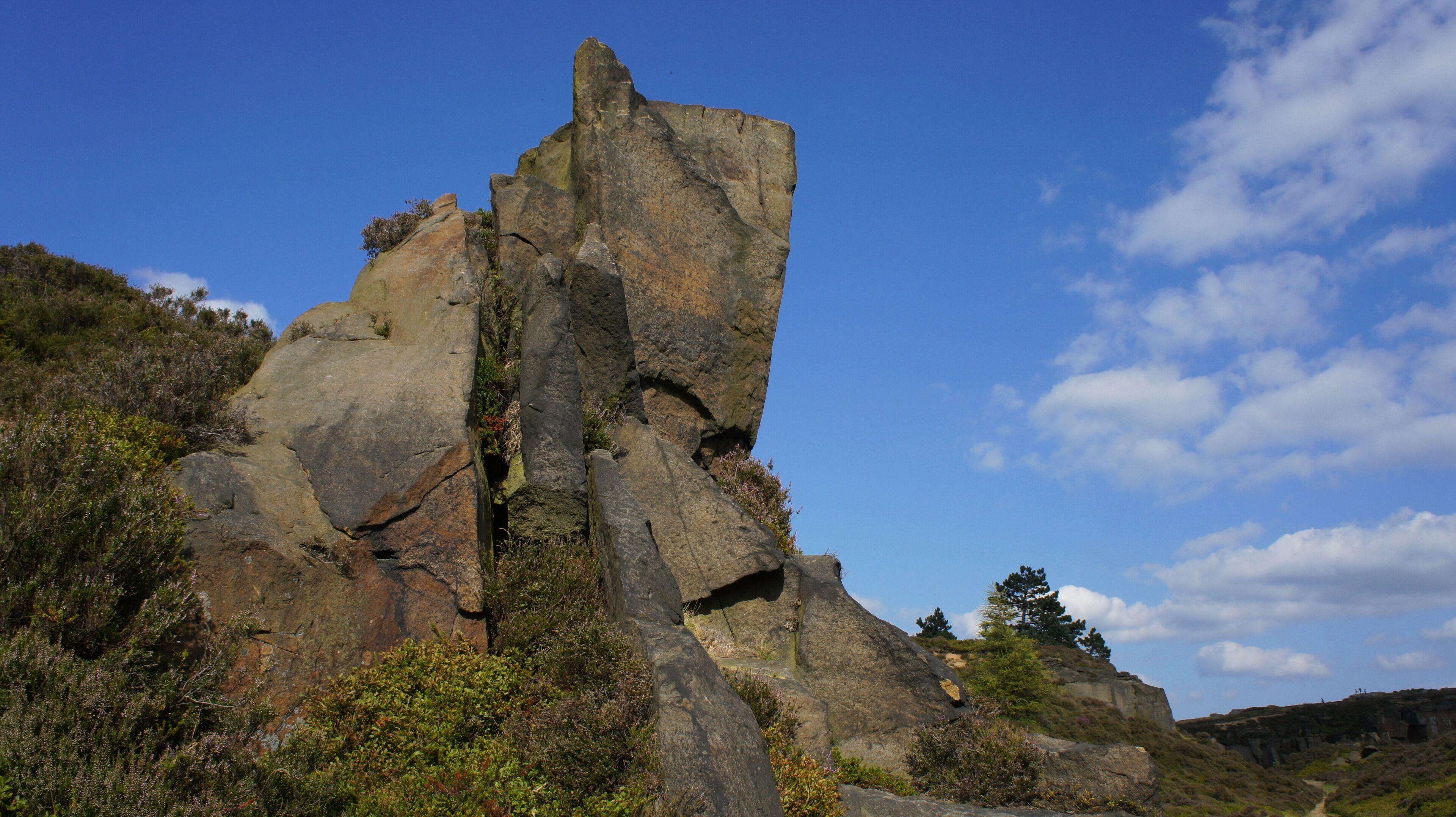 A rugged rock formation with a prominent vertical cliff and surrounding vegetation.