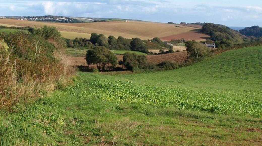 Country south of Malborough A shallow valley that soon deepens and leads down to the sea at South Sands. The buildings on the right are at Portlemore Barton. Seen from White Cross.