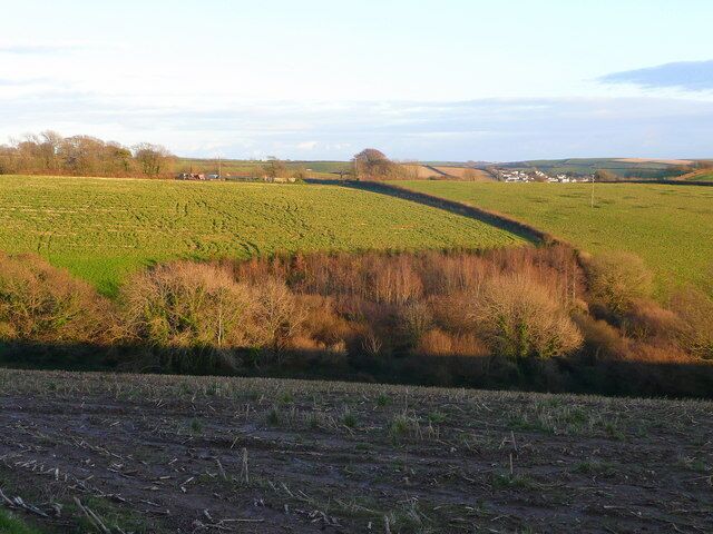 Looking east towards Norton The farm buildings can just be seen over the hill. In the distence, right, is housing on the northern edge of Kingsbridge. Mixed arable and pasture.