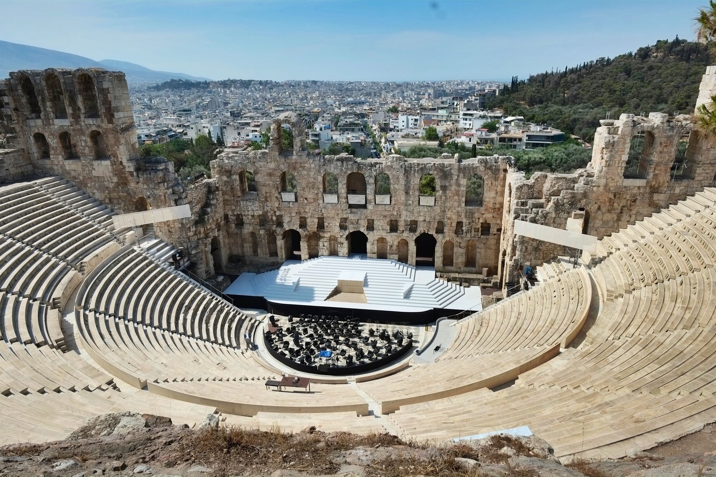 The Odeon of Herodes Atticus is a stone theatre structure located on the southwest slope of the Acropolis of Athens, Greece. The building was completed in 161 AD and then renovated in 1950.