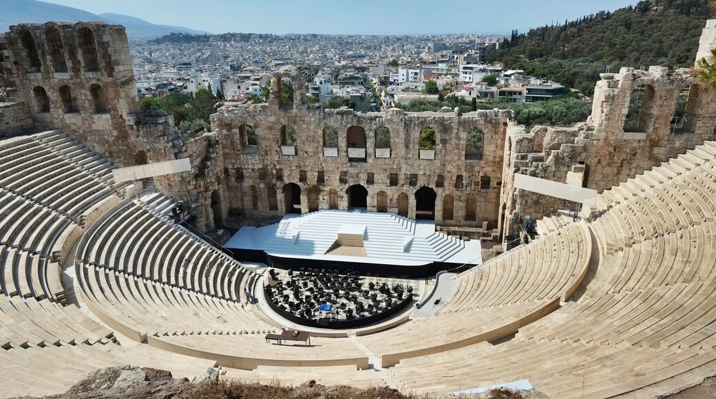 The Odeon of Herodes Atticus is a stone theatre structure located on the southwest slope of the Acropolis of Athens, Greece. The building was completed in 161 AD and then renovated in 1950.