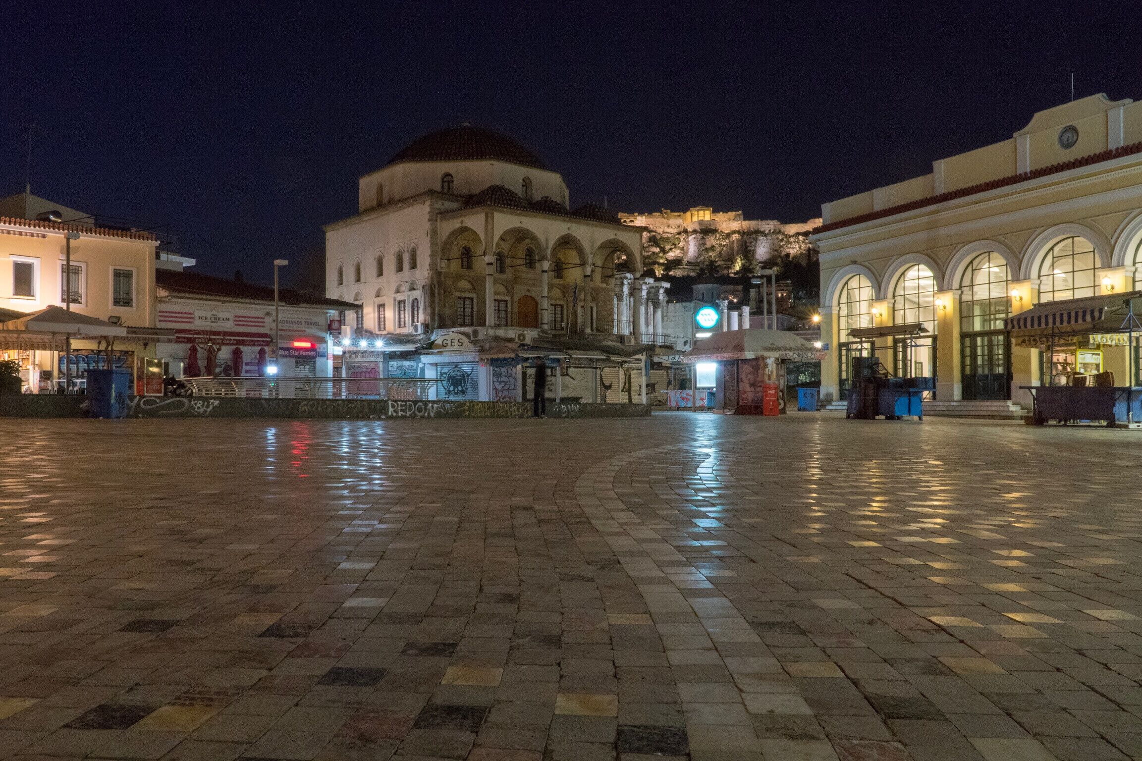Get up really early before all the crowds for the best view of the Acropolis from Monastiraki Square. Athens at night is incredible.