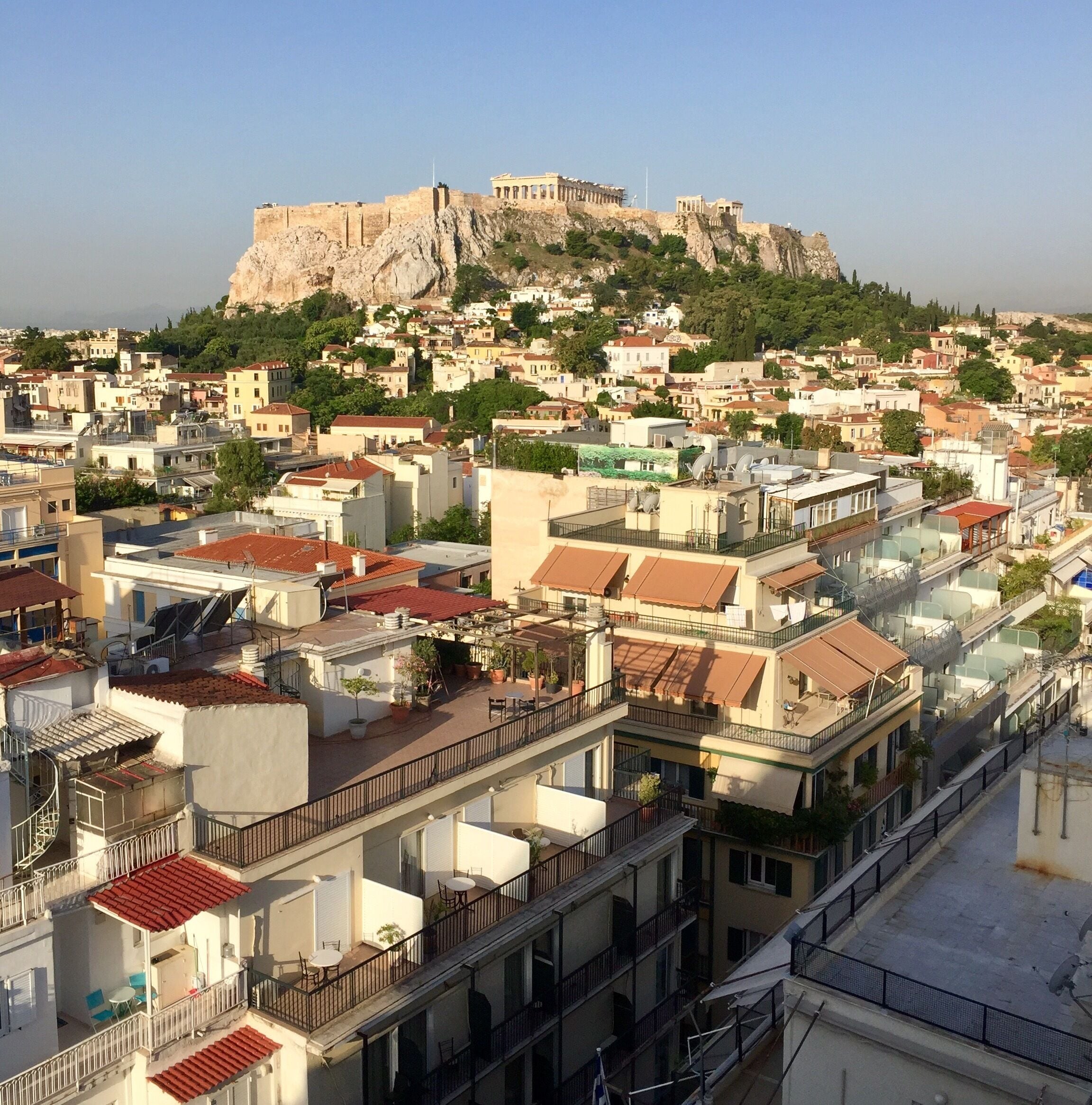 Breakfast Morning View onto the Akropolis in Athens - photographed from the 10th floor terrace of "Electra Metropolis" Hotel (also a great place for a "Night Cup")