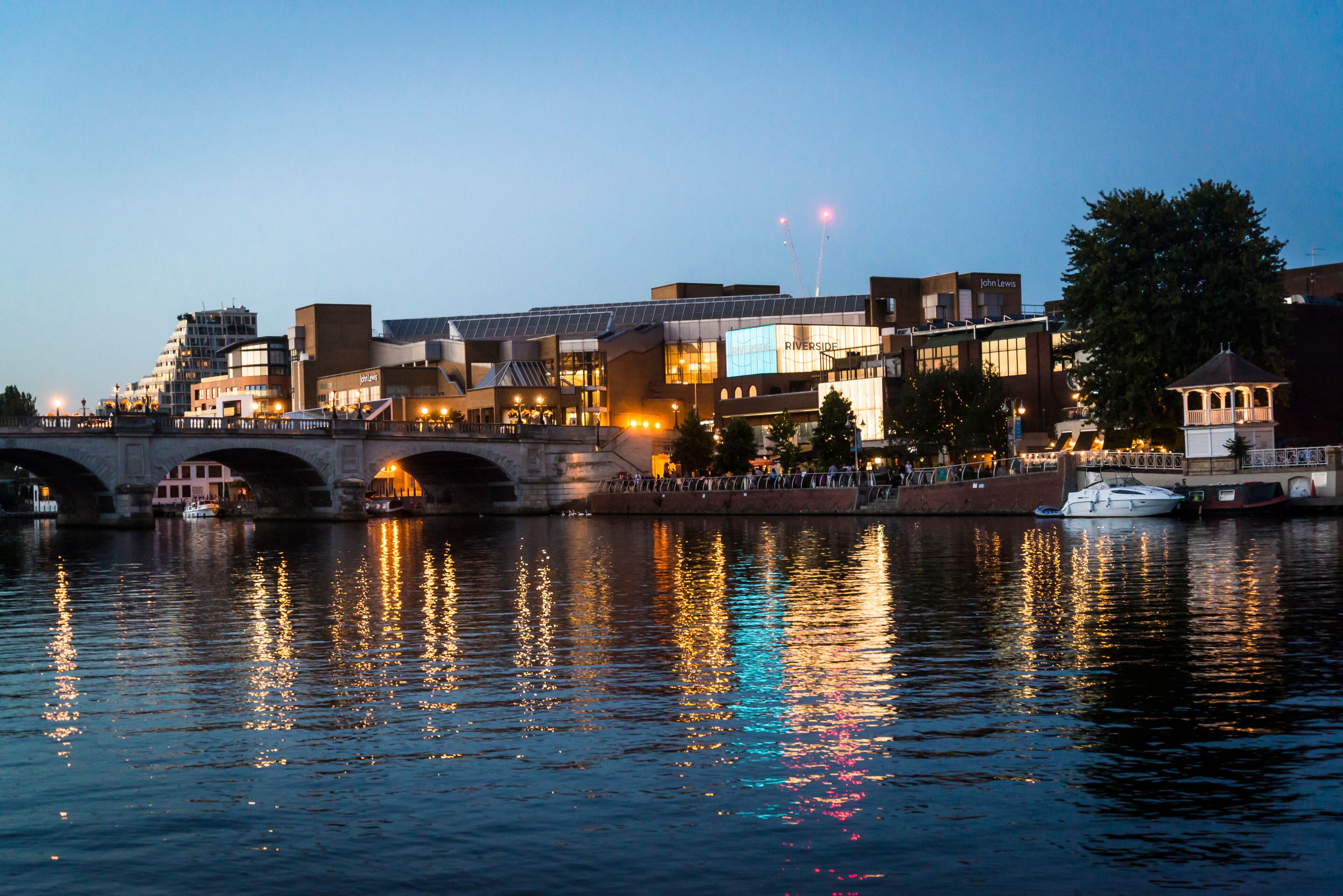 Kingston Bridge and riverside at night, Kingston upon Thames, Surrey, England, UK