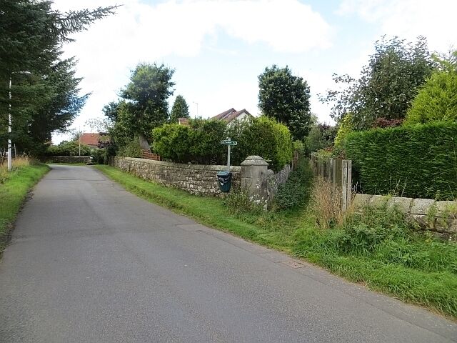 A narrow rural road flanked by stone walls and lush greenery.