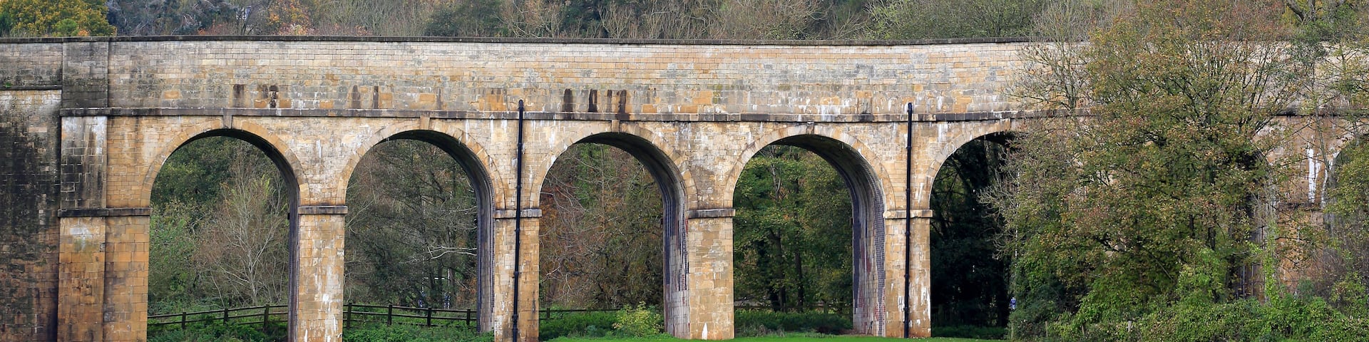A stone viaduct with multiple arches over a green field.