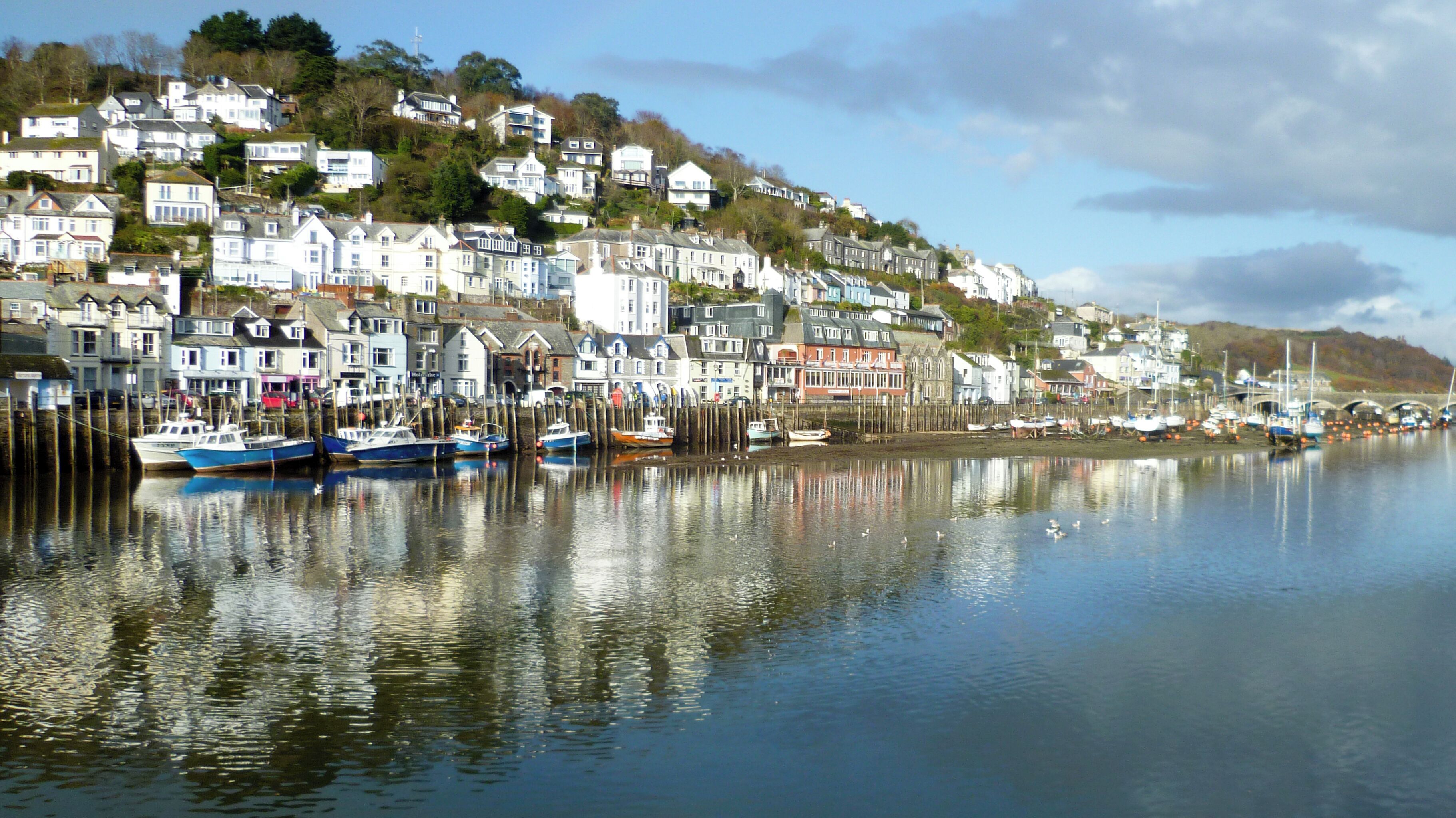 A coastal town with houses on a hillside and boats docked along the waterfront.