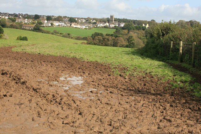 Mud plenty of it A gateway by Hendra farm has plenty of mud while in the distance Pelynt Church stands out with the village around it.
