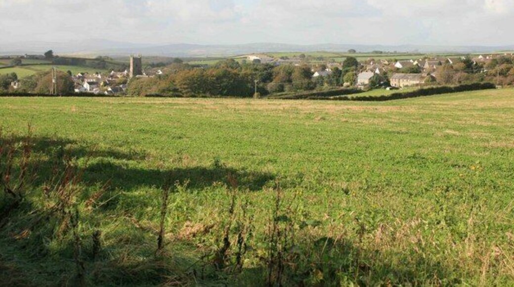 Pelynt in the distance As seen from the gateway by Becons trig point, Pelynt churchtower is in the middle of the village with Hall Barton farm on the right.