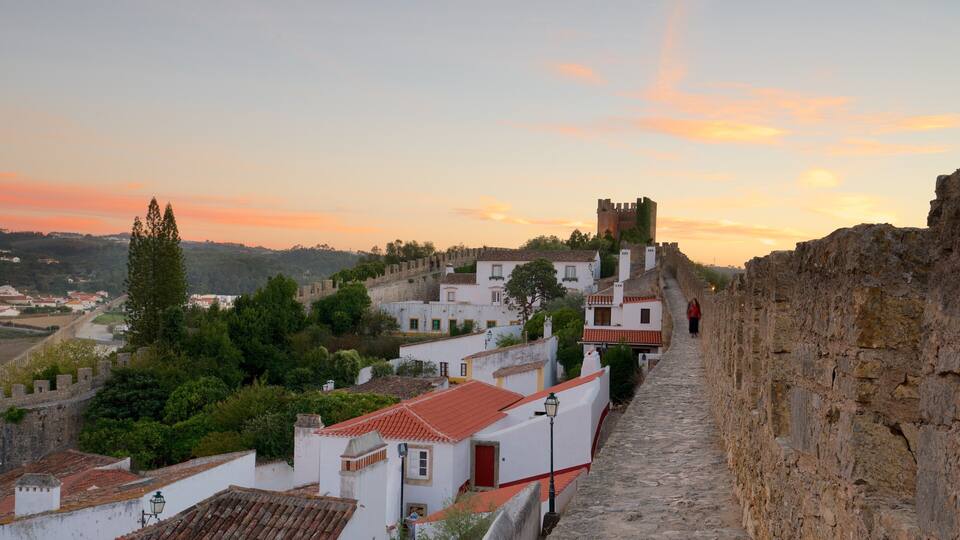 A historic town with white buildings, a stone wall, and a castle in the background.