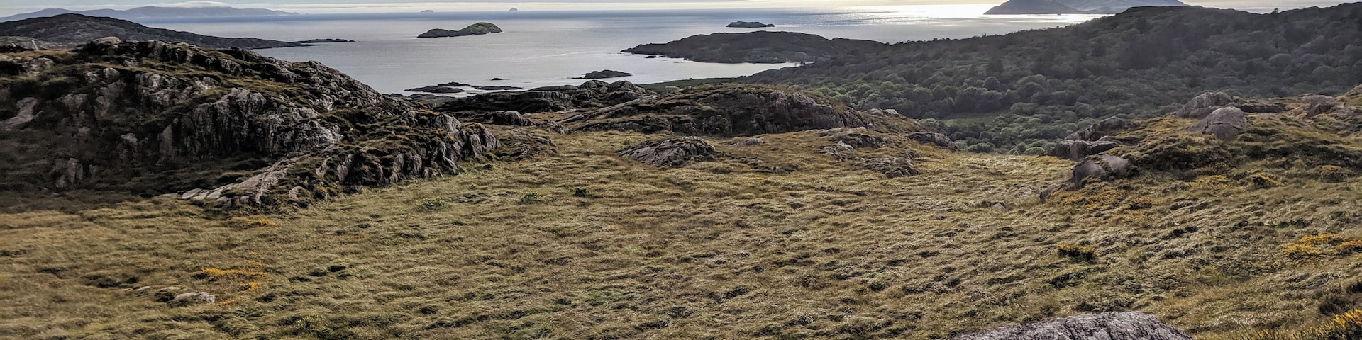 A rugged landscape with rocky terrain and grassy areas.