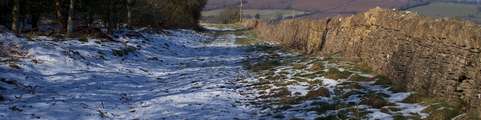 Top of the ridge From the crest of the ridge, the view is down the bridleway. This bridleway and the other (the Macmillan Way) cross by the electricity pole. Ebrington Hill in the far distance.