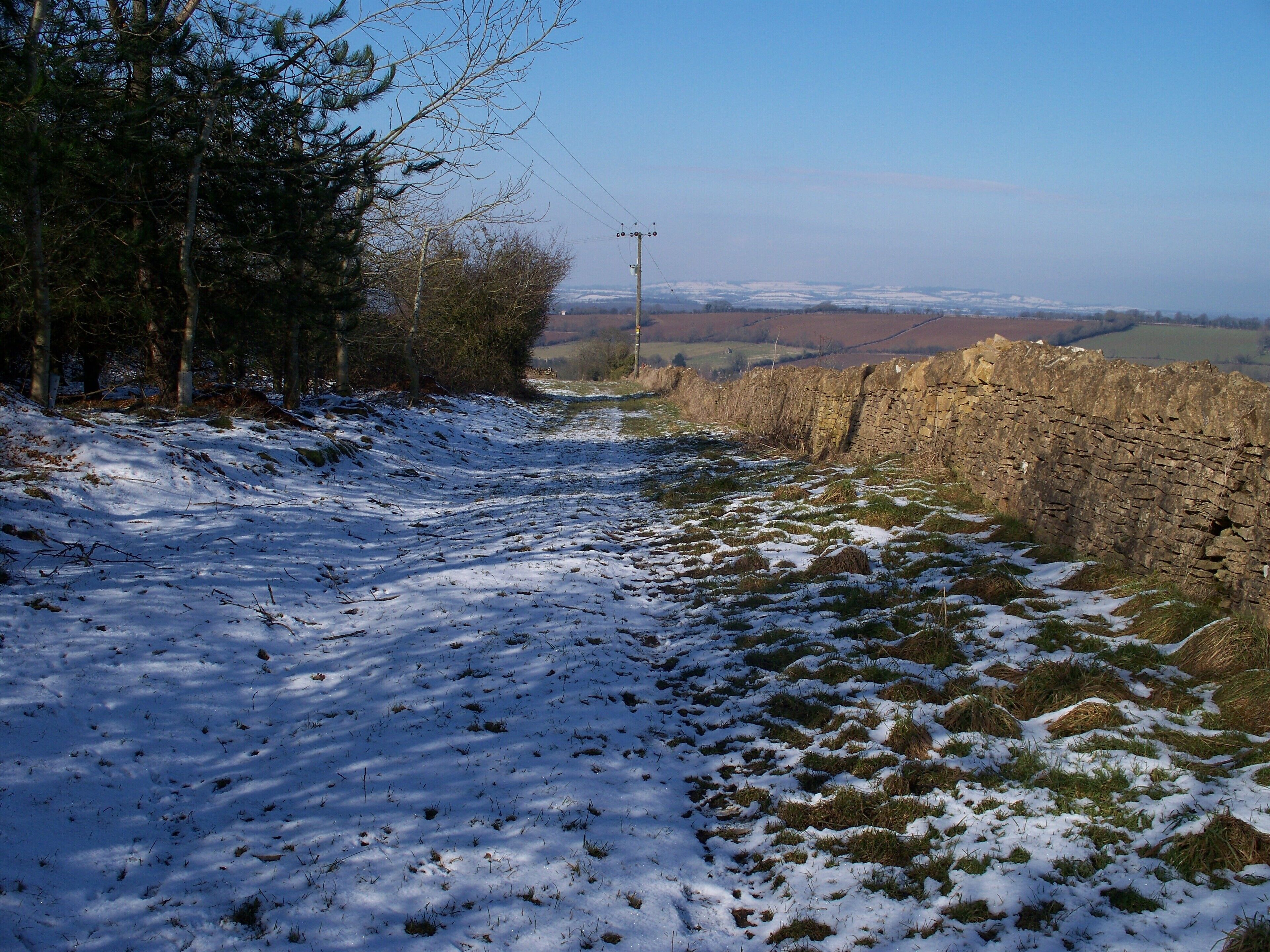 A snow-covered path with a stone wall and trees.