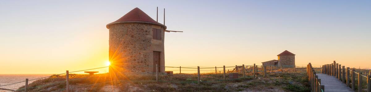 Windmills of Apulia at sunset during summer, Apulia, Esposende, Braga, Norte, Portugal
