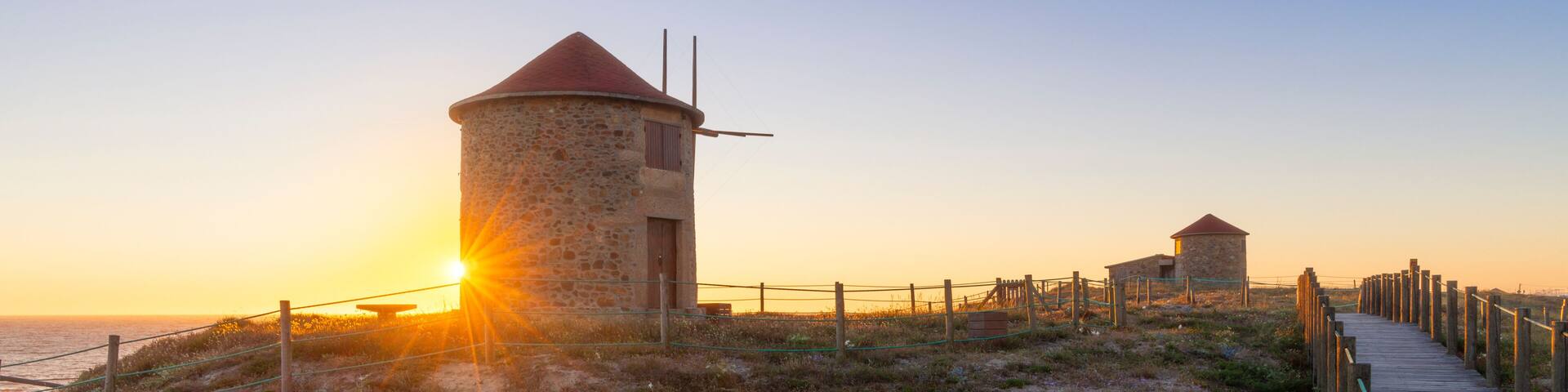 Windmills of Apulia at sunset during summer, Apulia, Esposende, Braga, Norte, Portugal