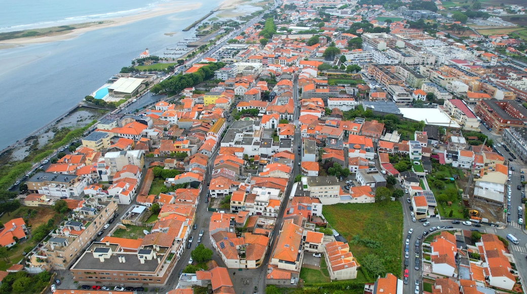 Aerial panorama view of the downtown in the city Esposende in portugal on a cloudy spring noon.