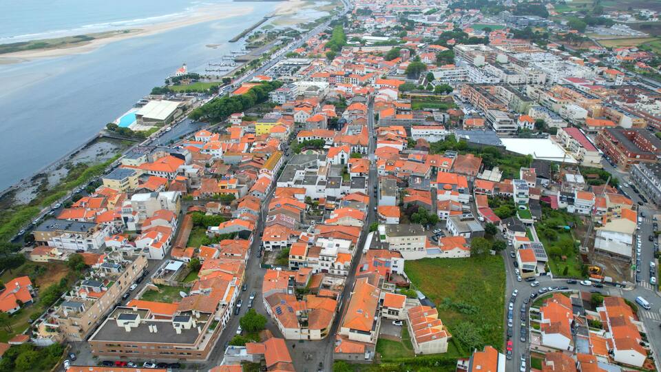 A coastal town with red-roofed buildings, a beach, and a marina.