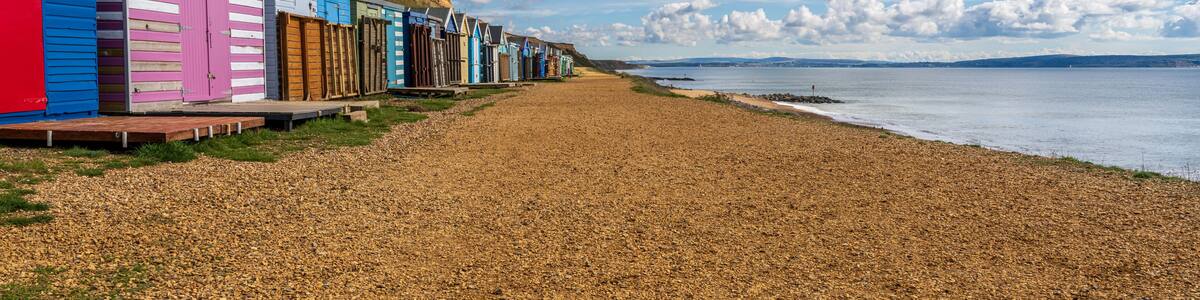 Beach Huts on the Channel Coast in Barton-on-sea, Hampshire, England, UK