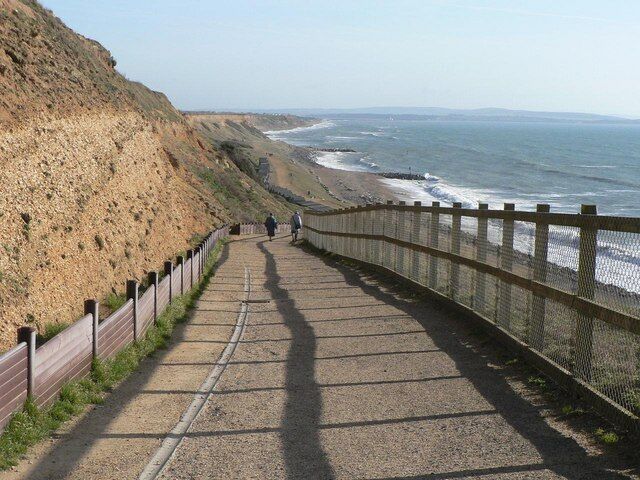 Barton on Sea: path to the beach This long, gentle slope provides access to the beach from the village centre at the top of the cliff.