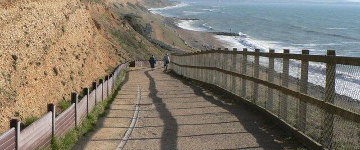Barton on Sea: path to the beach This long, gentle slope provides access to the beach from the village centre at the top of the cliff.