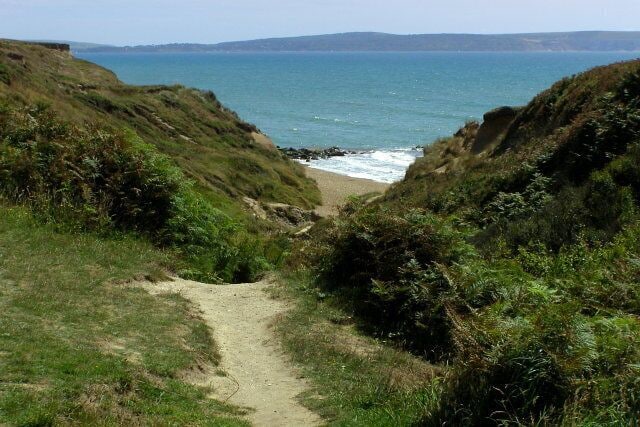 A coastal path leading to a beach with grassy cliffs and the ocean in the background.