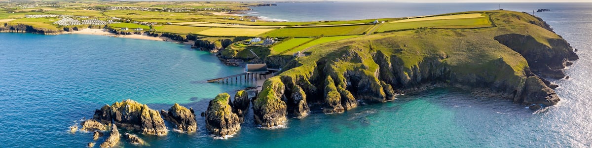 Aerial vista of Trevose Head, Padstow Lifeboat Station and Mother Iveys Bay, North Cornwall