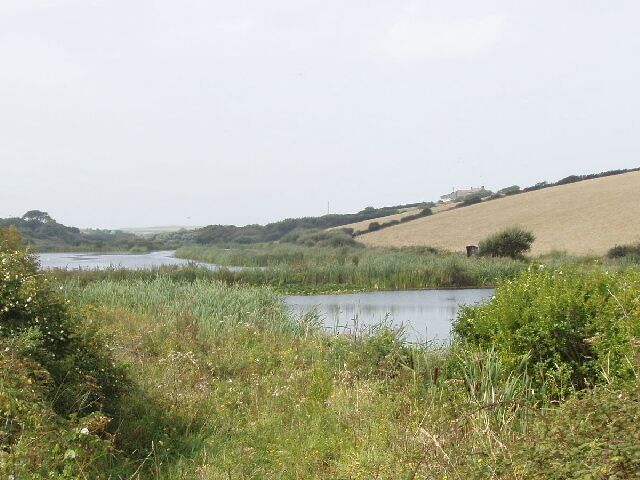 A river with grassy banks and a hill in the background.